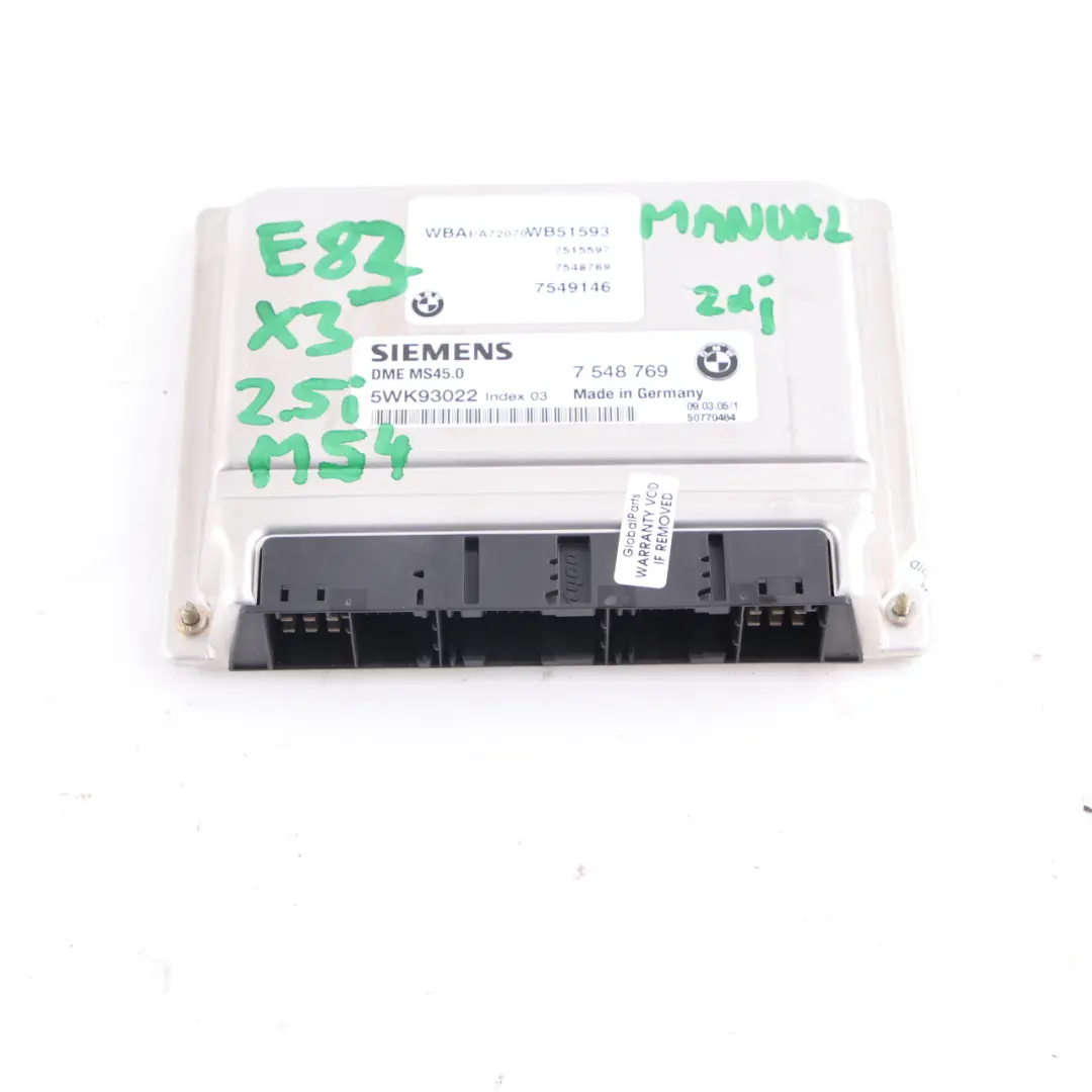 M54 192HP Engine Control Unit ECU DME Manual to BMW X3 E83 2.5i Petrol with Part number 7548769 BMW X3 E83 2.5i Petrol M54 192HP Engine Control Unit ECU DME Manual - SKU 7548769 - Part number 7548769