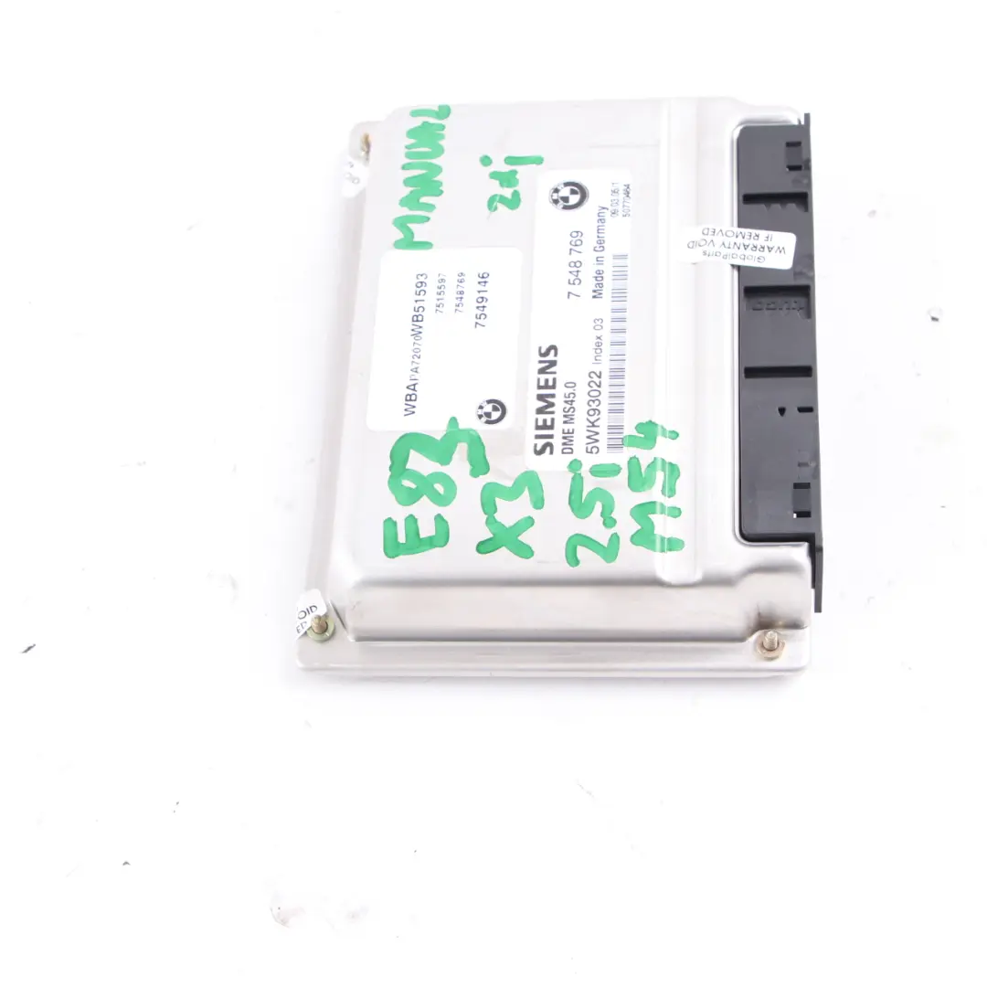 M54 192HP Engine Control Unit ECU DME Manual to BMW X3 E83 2.5i Petrol with Part number 7548769 BMW X3 E83 2.5i Petrol M54 192HP Engine Control Unit ECU DME Manual - SKU 7548769 - Part number 7548769