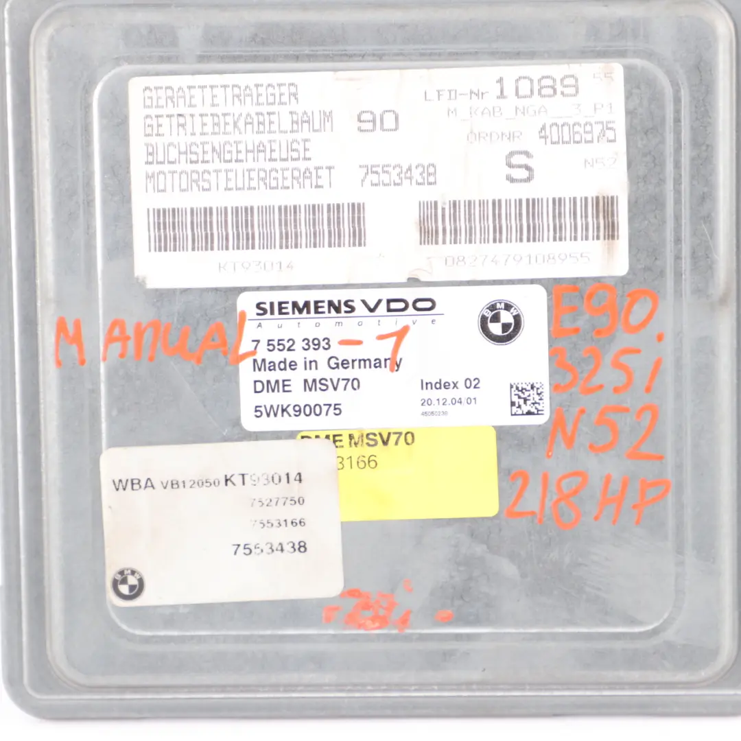 N52 325i 525i ECU Kit DME CAS2 Key Manual to BMW 3 5 Series E60 E90 E91 with Part number 7552393 BMW 3 5 Series E60 E90 E91 N52 325i 525i ECU Kit DME CAS2 Key Manual - SKU 7552393-1 - Part number 7552393