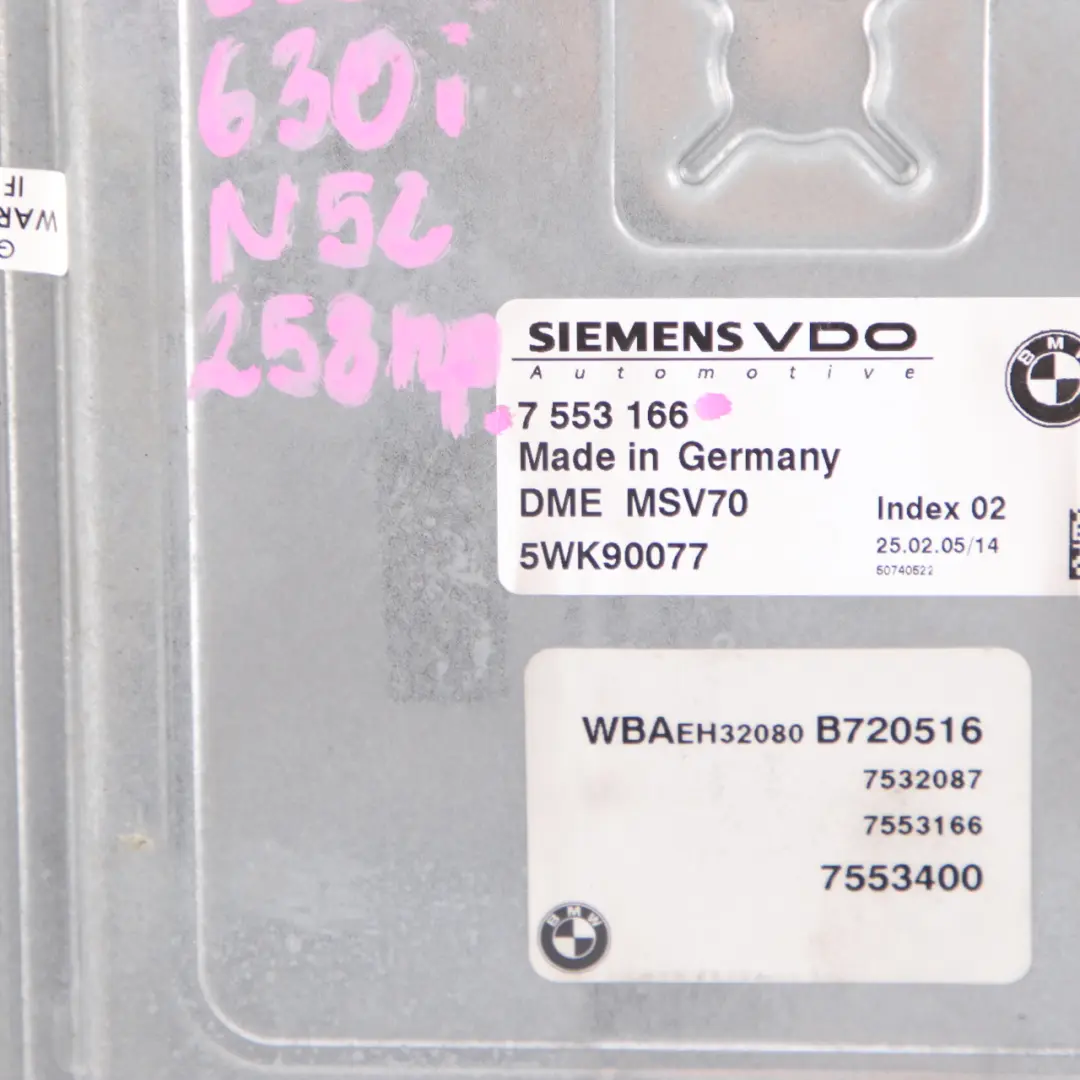 BMW E60 E90 E91 N52 325i 525i 218HP Engine Control Unit ECU DME Manual - SKU 7553166-5 - Part number 7553166