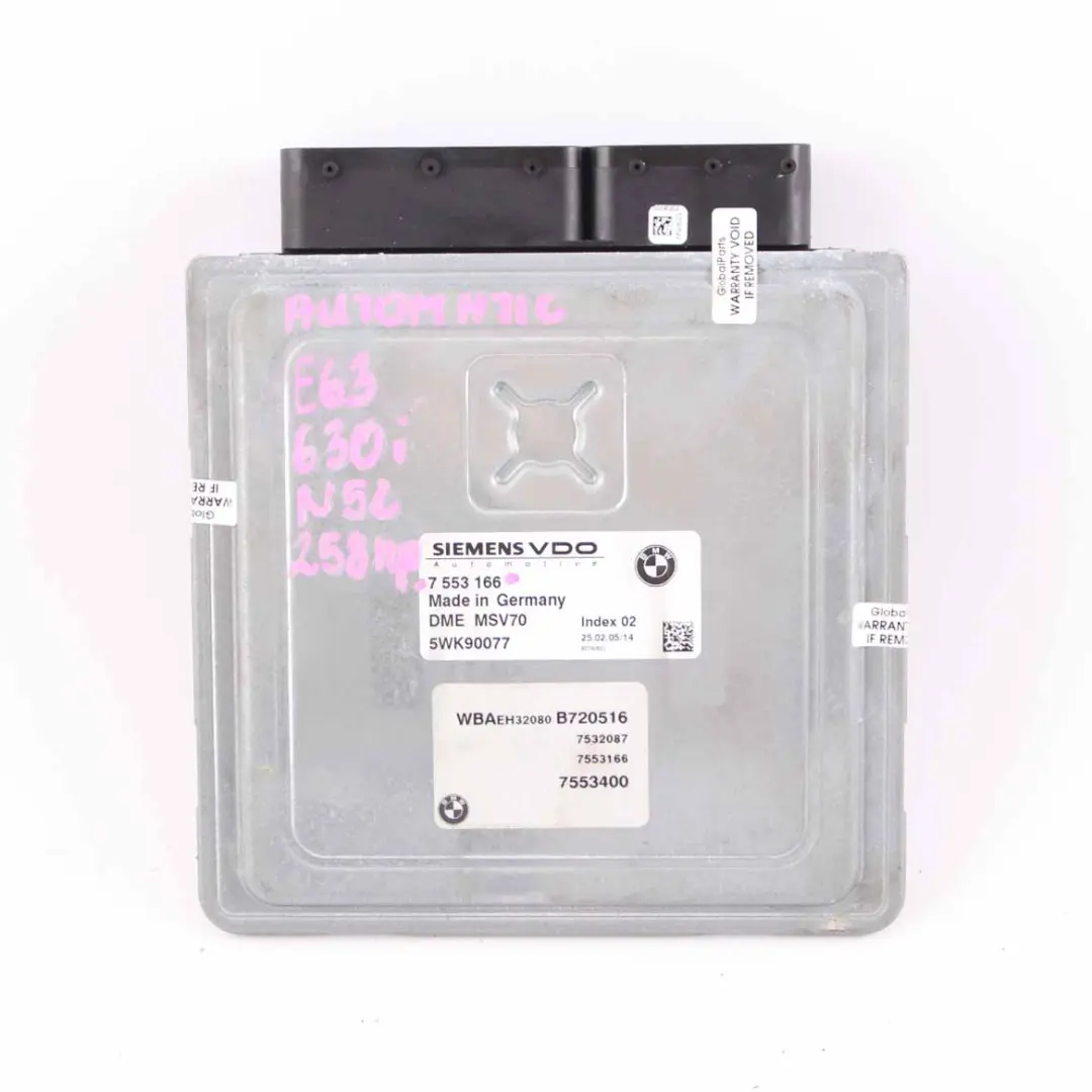 N52 330i 530i 630i Engine Control Unit ECU DME Automatic to BMW E60 E63 E90 with Part number 7553166 BMW E60 E63 E90 N52 330i 530i 630i Engine Control Unit ECU DME Automatic - SKU 7553166 - Part number 7553166