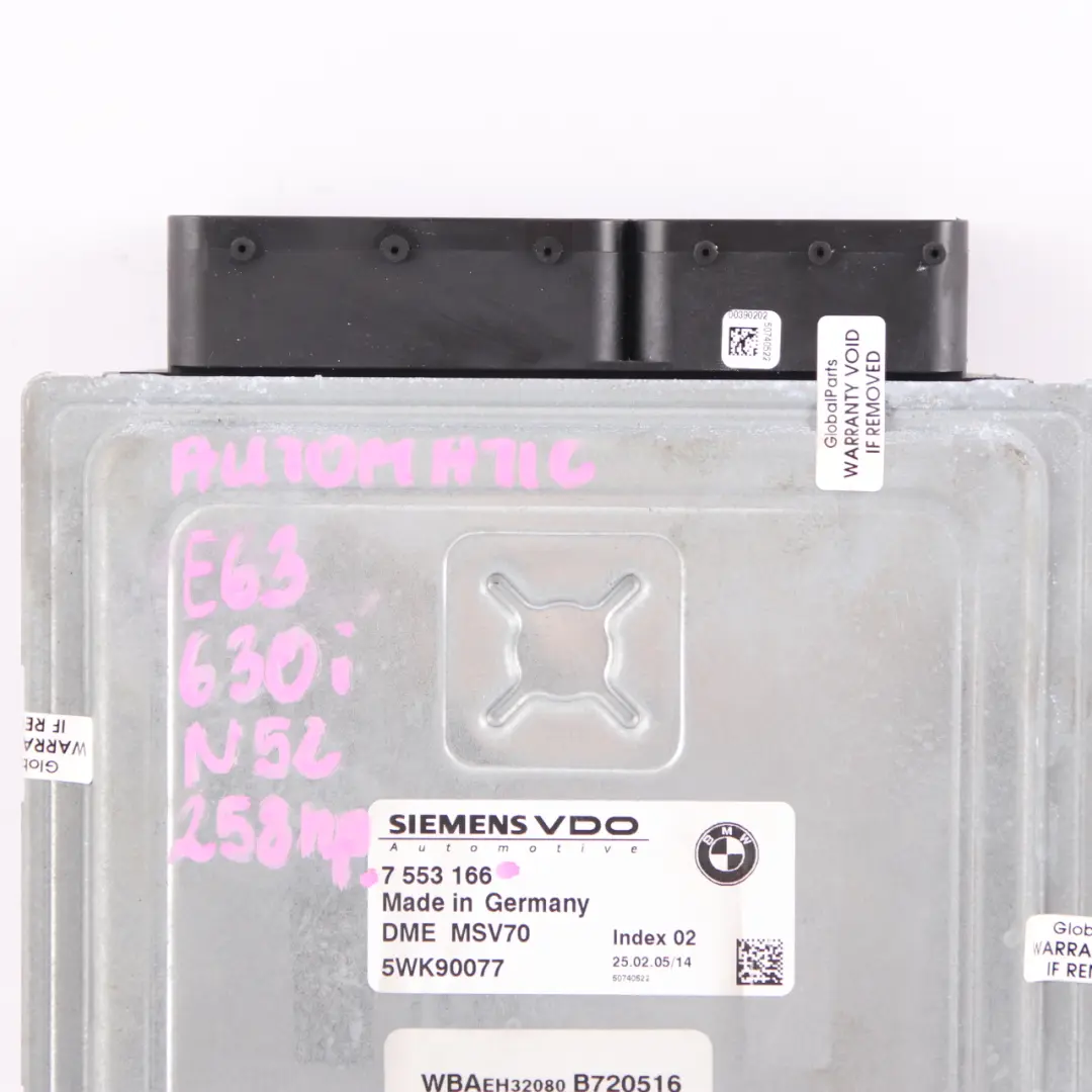 N52 330i 530i 630i Engine Control Unit ECU DME Automatic to BMW E60 E63 E90 with Part number 7553166 BMW E60 E63 E90 N52 330i 530i 630i Engine Control Unit ECU DME Automatic - SKU 7553166 - Part number 7553166