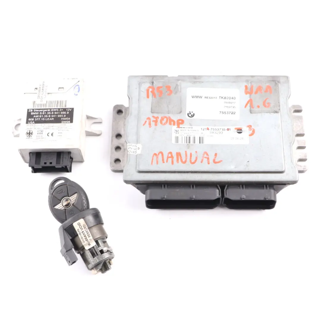 Mini Cooper S R53 W11 170HP Engine ECU Kit DME + Key + EWS Manual - SKU 7553735-3 - Part number 7553735