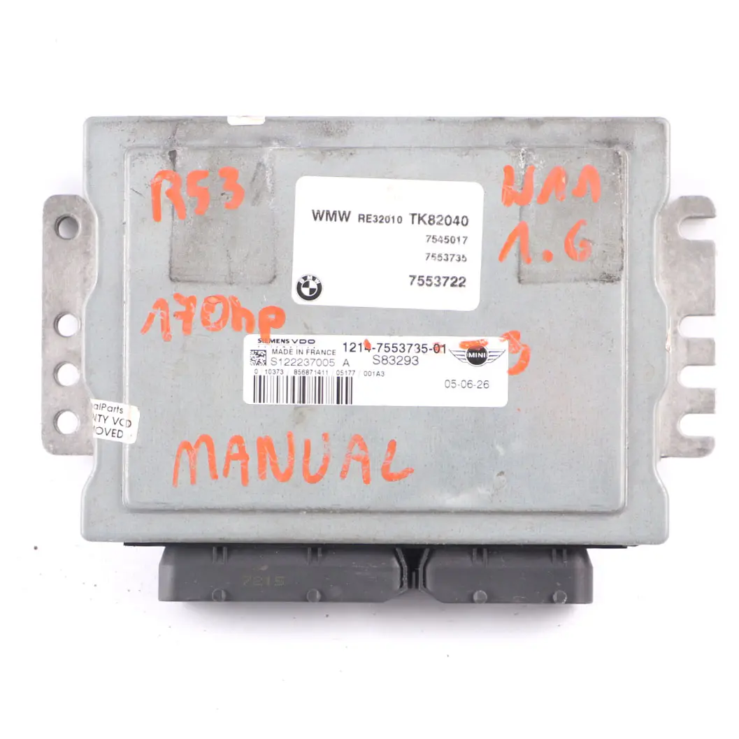 170HP Engine ECU Kit DME + Key + EWS Manual to Mini Cooper S R53 W11 with Part number 7553735 Mini Cooper S R53 W11 170HP Engine ECU Kit DME + Key + EWS Manual - SKU 7553735-3 - Part number 7553735