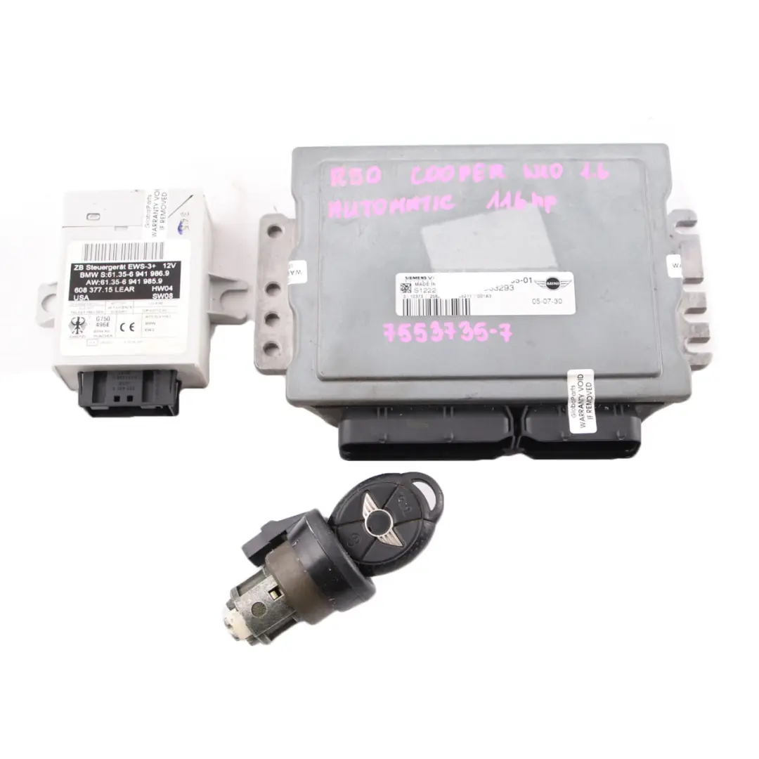 116HP Engine ECU Kit Module DME Key EWS Automatic to MINI Cooper R50 W10 with Part number 7553735 MINI Cooper R50 W10 116HP Engine ECU Kit Module DME Key EWS Automatic - SKU 7553735-7 - Part number 7553735