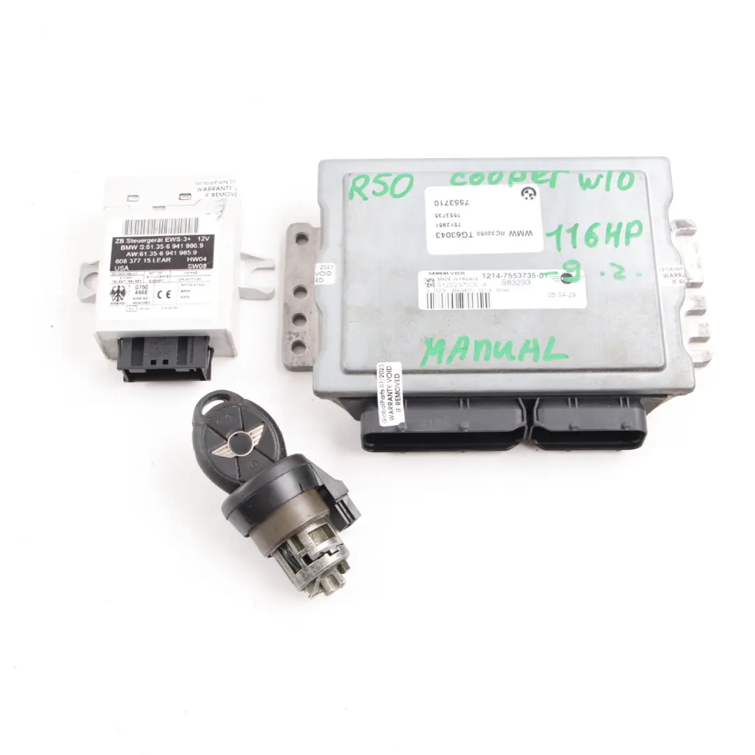 116HP W10 Engine ECU Kit DME + Key + EWS Manual to MINI Cooper R50 R52 1.6i with Part number 7553735 MINI Cooper R50 R52 1.6i 116HP W10 Engine ECU Kit DME + Key + EWS Manual - SKU 7553735-9 - Part number 7553735