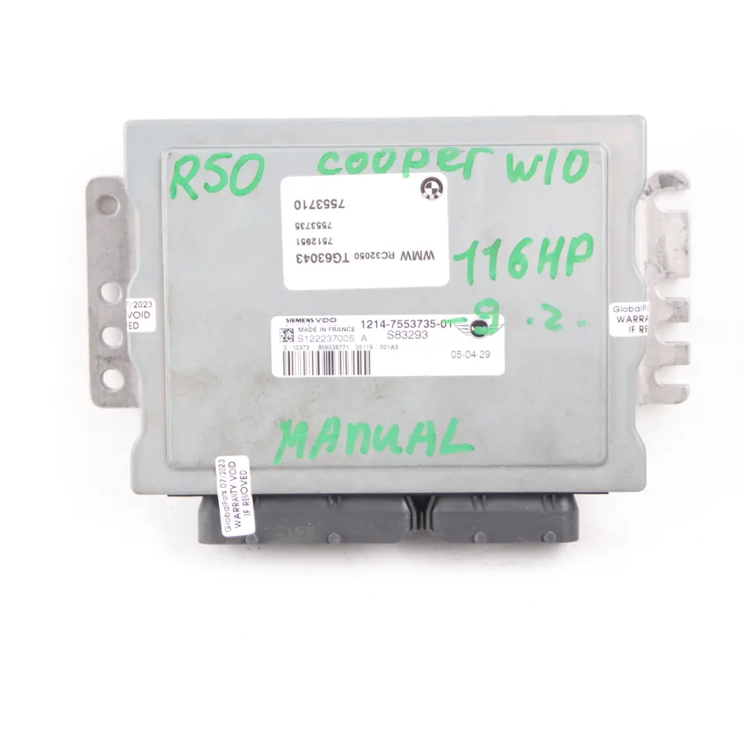 116HP W10 Engine ECU Kit DME + Key + EWS Manual to MINI Cooper R50 R52 1.6i with Part number 7553735 MINI Cooper R50 R52 1.6i 116HP W10 Engine ECU Kit DME + Key + EWS Manual - SKU 7553735-9 - Part number 7553735