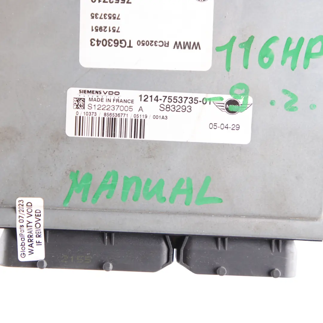 116HP W10 Engine ECU Kit DME + Key + EWS Manual to MINI Cooper R50 R52 1.6i with Part number 7553735 MINI Cooper R50 R52 1.6i 116HP W10 Engine ECU Kit DME + Key + EWS Manual - SKU 7553735-9 - Part number 7553735