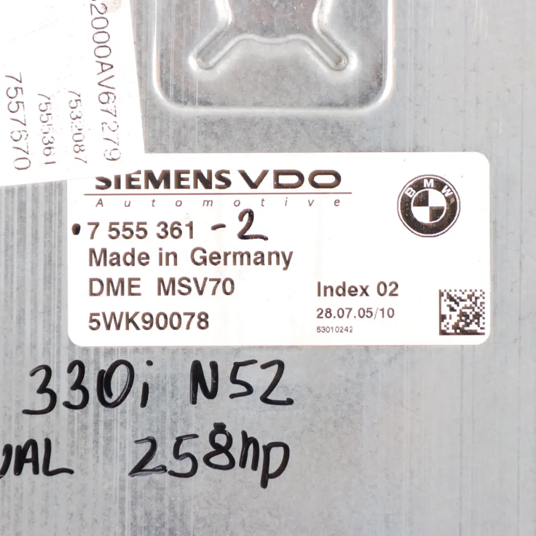 BMW E60 E61 E90 E91 330i 530i Petrol N52 ECU Kit DME CAS2 Key Manual - SKU 7555361-2 - Part number 7555361