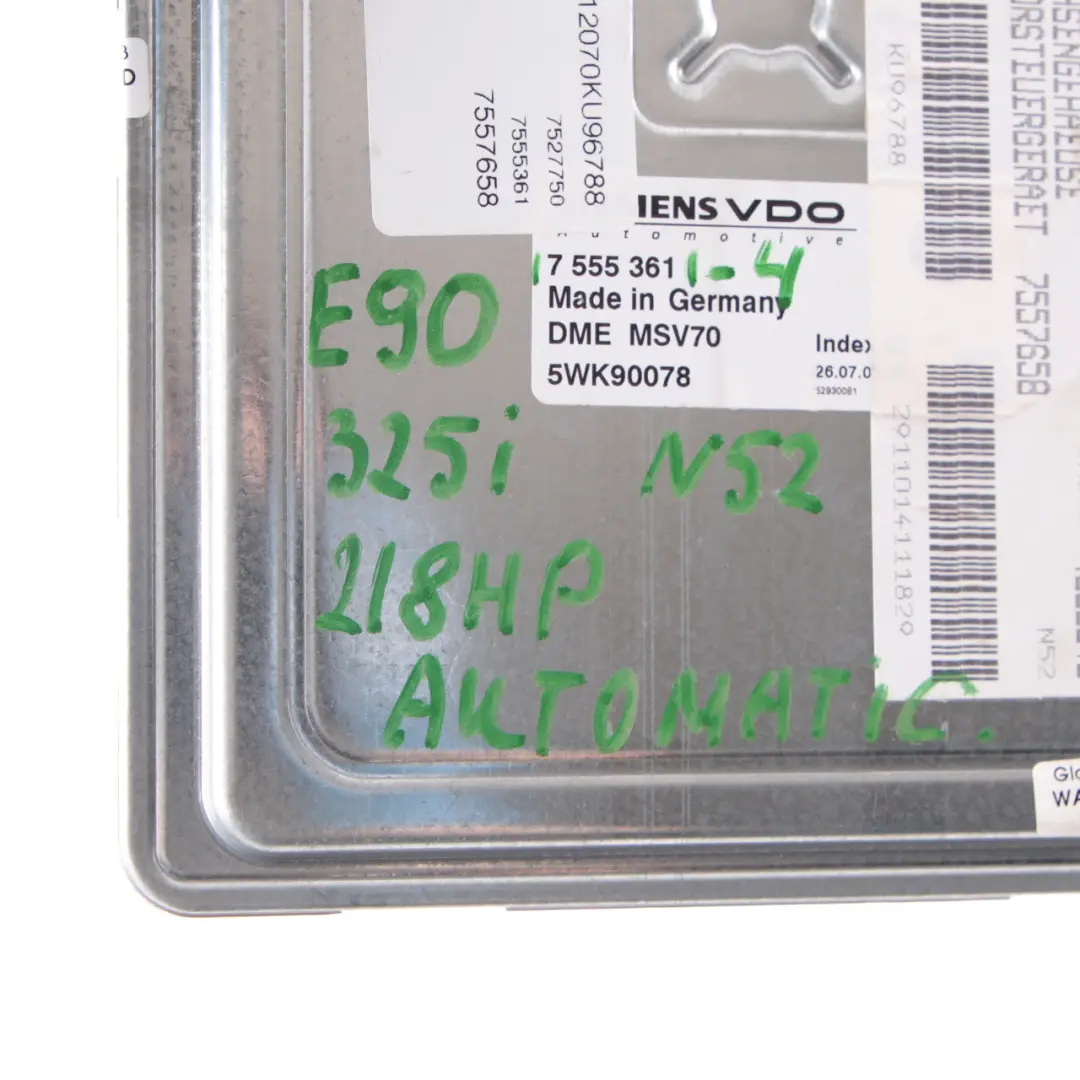 N52 325i 525i 218HP Engine Control Unit ECU DME Automatic to BMW E60 E90 E91 with Part number 7555361 BMW E60 E90 E91 N52 325i 525i 218HP Engine Control Unit ECU DME Automatic - SKU 7555361-4 - Part number 7555361