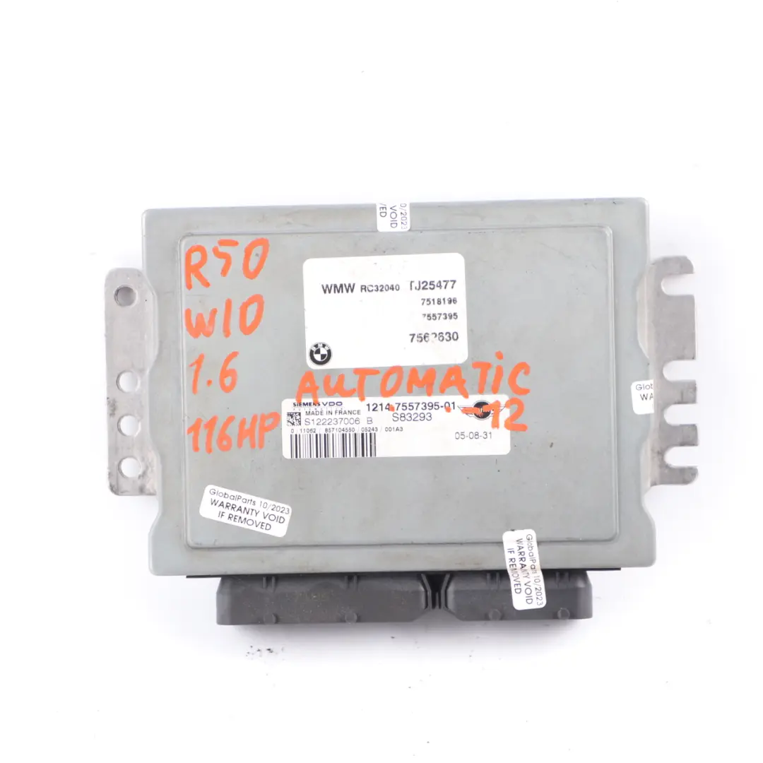 Mini Cooper R50 1.6 W10 116HP Engine ECU Kit DME + EWS + Key Automatic - SKU 7557395-12 - Part number 7557395