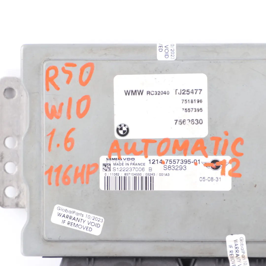 Mini Cooper R50 1.6 W10 116HP Engine ECU Kit DME + EWS + Key Automatic - SKU 7557395-12 - Part number 7557395