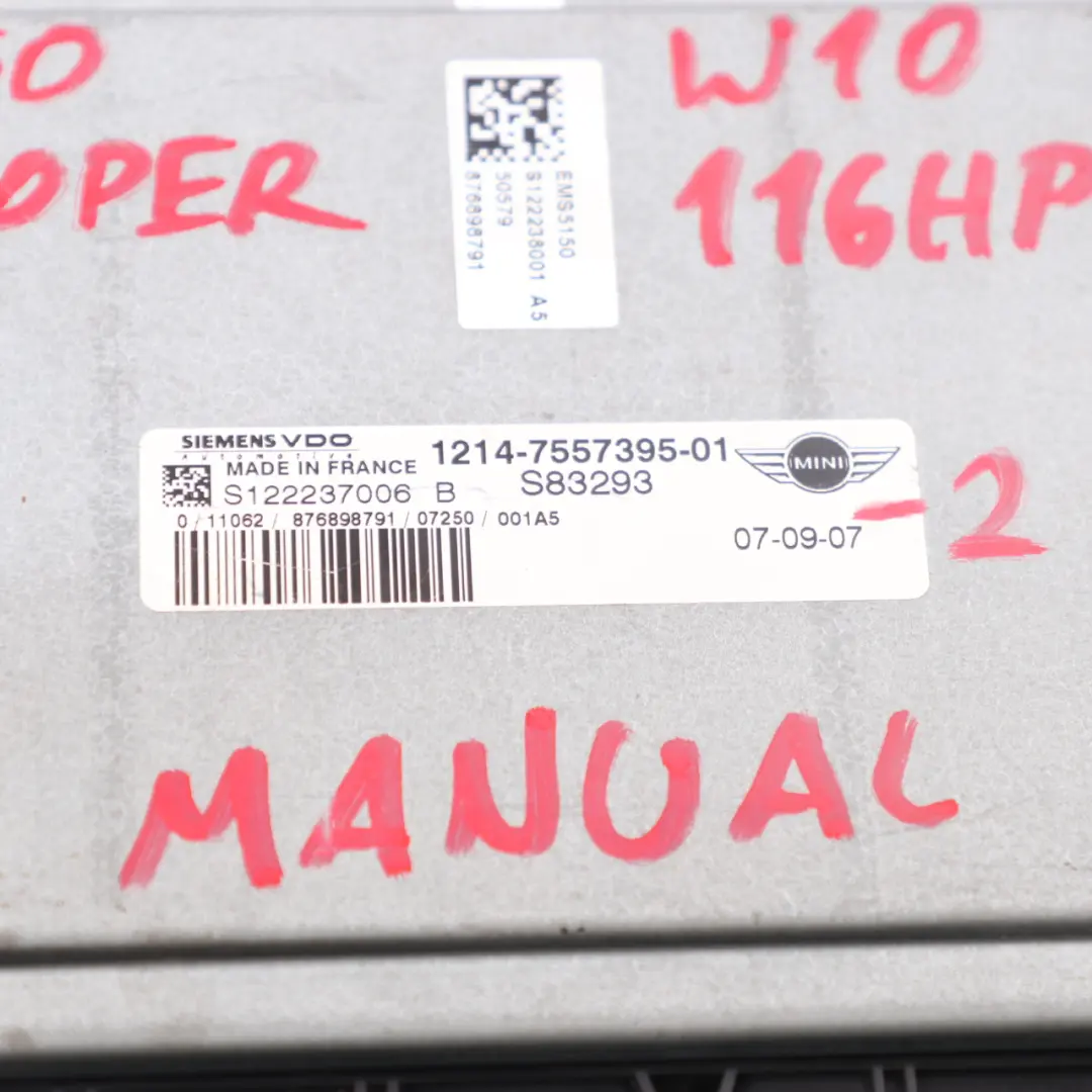 Mini Cooper R50 1.6 W10 116HP Engine ECU Kit DME + EWS + Key 7557395 Manual - SKU 7557395-2 - Part number 9127086