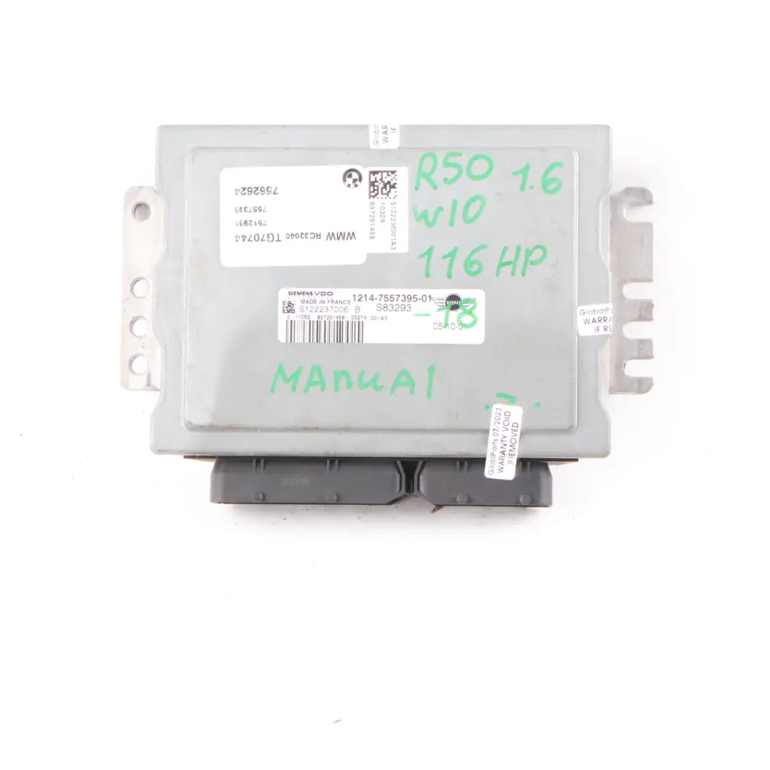 Mini Cooper R50 1.6 W10 116HP Kit ECU moteur DME EWS 2 Clés Manuel - SKU 7557395-3 - Numéro de pièce 7557395