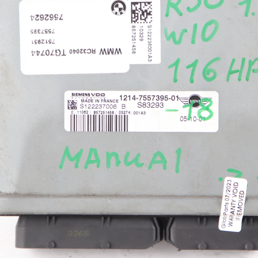 Mini Cooper R50 1.6 W10 116HP Engine ECU Kit DME + EWS + Key Manual - SKU 7557395-3 - Part number 7557395