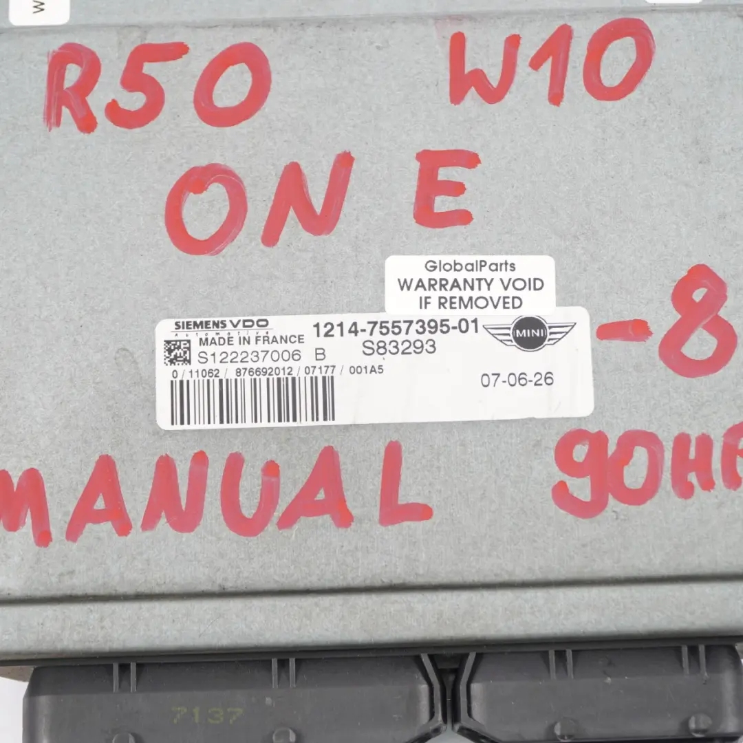 90HP Engine Control Unit ECU Module DME EWS Manual pour MINI One R50 R52 W10 à propos du numéro de pièce 7557395 MINI One R50 R52 W10 90HP Engine Control Unit ECU Module DME EWS Manual - SKU 7557395-8 - Numéro de pièce 7557395