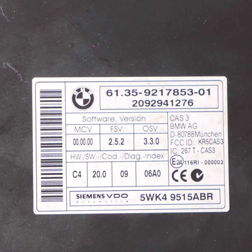BMW E87 E90 N45 116i 316i 116HP Petrol ECU Kit DME + CAS 3 + Key Manual - SKU 7557809-9 - Part number 7557809