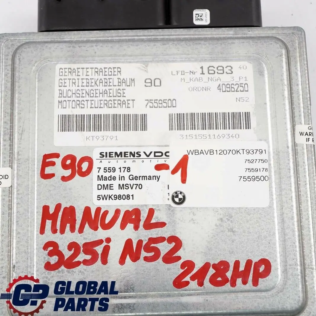 BMW E60 E90 E91 325i 525i N52 218HP Engine ECU Kit DME CAS2 + Key Manual - SKU 7559178-1 - Part number 7559178