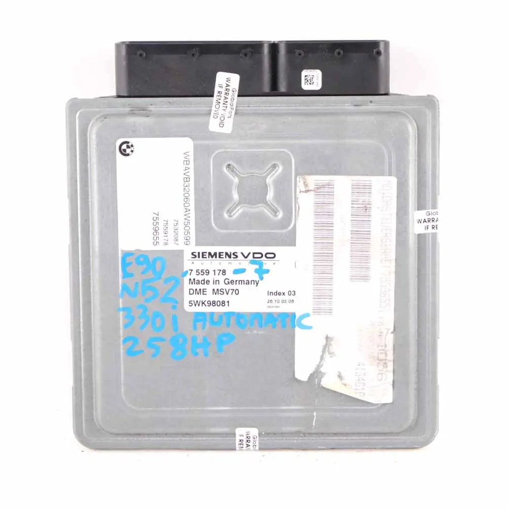N52 Engine Control Module ECU DME Automatic to BMW E60 530i E90 E91 330i with Part number 7559178 BMW E60 530i E90 E91 330i N52 Engine Control Module ECU DME Automatic - SKU 7559178-7 - Part number 7559178