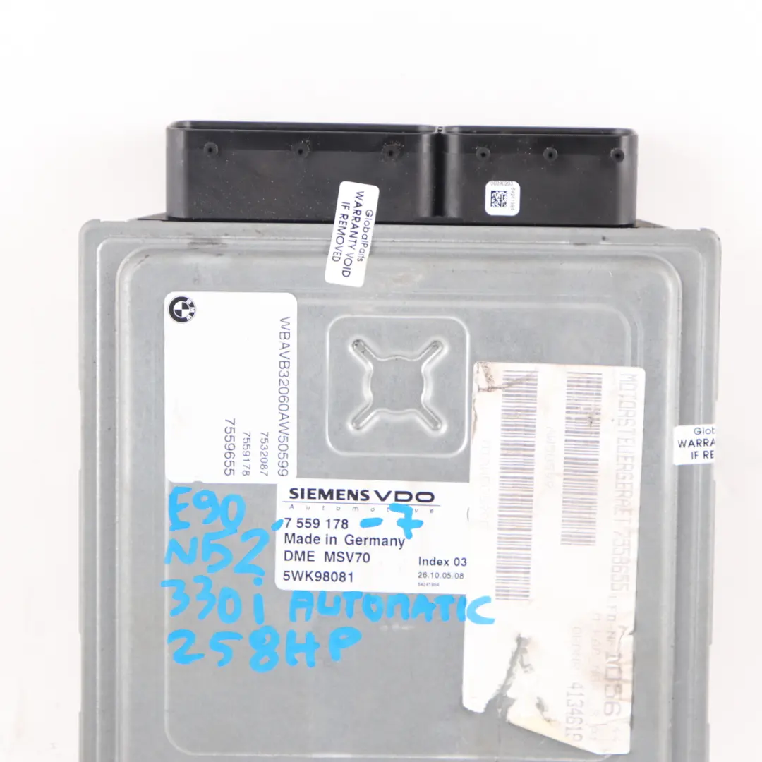N52 Engine Control Module ECU DME Automatic to BMW E60 530i E90 E91 330i with Part number 7559178 BMW E60 530i E90 E91 330i N52 Engine Control Module ECU DME Automatic - SKU 7559178-7 - Part number 7559178