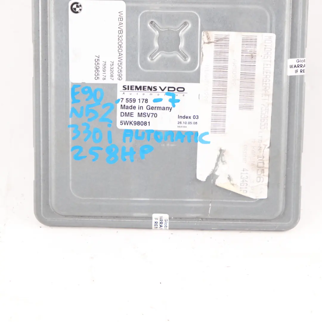 N52 Engine Control Module ECU DME Automatic to BMW E60 530i E90 E91 330i with Part number 7559178 BMW E60 530i E90 E91 330i N52 Engine Control Module ECU DME Automatic - SKU 7559178-7 - Part number 7559178