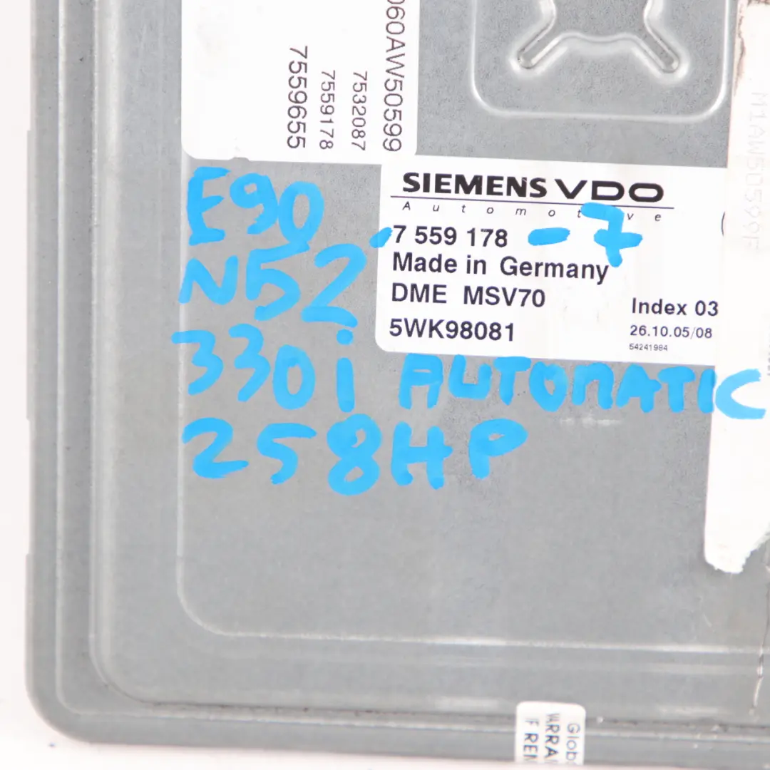 N52 Engine Control Module ECU DME Automatic to BMW E60 530i E90 E91 330i with Part number 7559178 BMW E60 530i E90 E91 330i N52 Engine Control Module ECU DME Automatic - SKU 7559178-7 - Part number 7559178