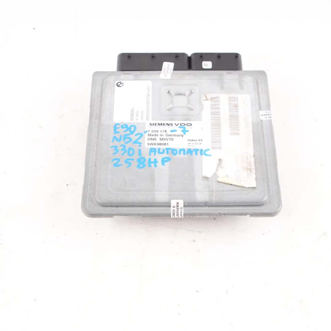N52 Engine Control Module ECU DME Automatic to BMW E60 530i E90 E91 330i with Part number 7559178 BMW E60 530i E90 E91 330i N52 Engine Control Module ECU DME Automatic - SKU 7559178-7 - Part number 7559178
