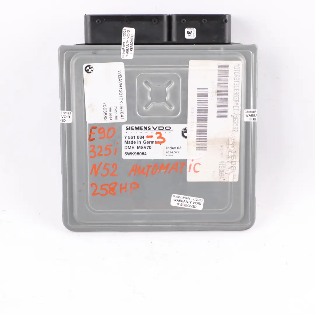 N52 258HP Engine ECU Kit DME CAS2 Key Automatic to BMW E60 E90 330i 530i with Part number 7561684 BMW E60 E90 330i 530i N52 258HP Engine ECU Kit DME CAS2 Key Automatic - SKU 7561684-3 - Part number 7561684