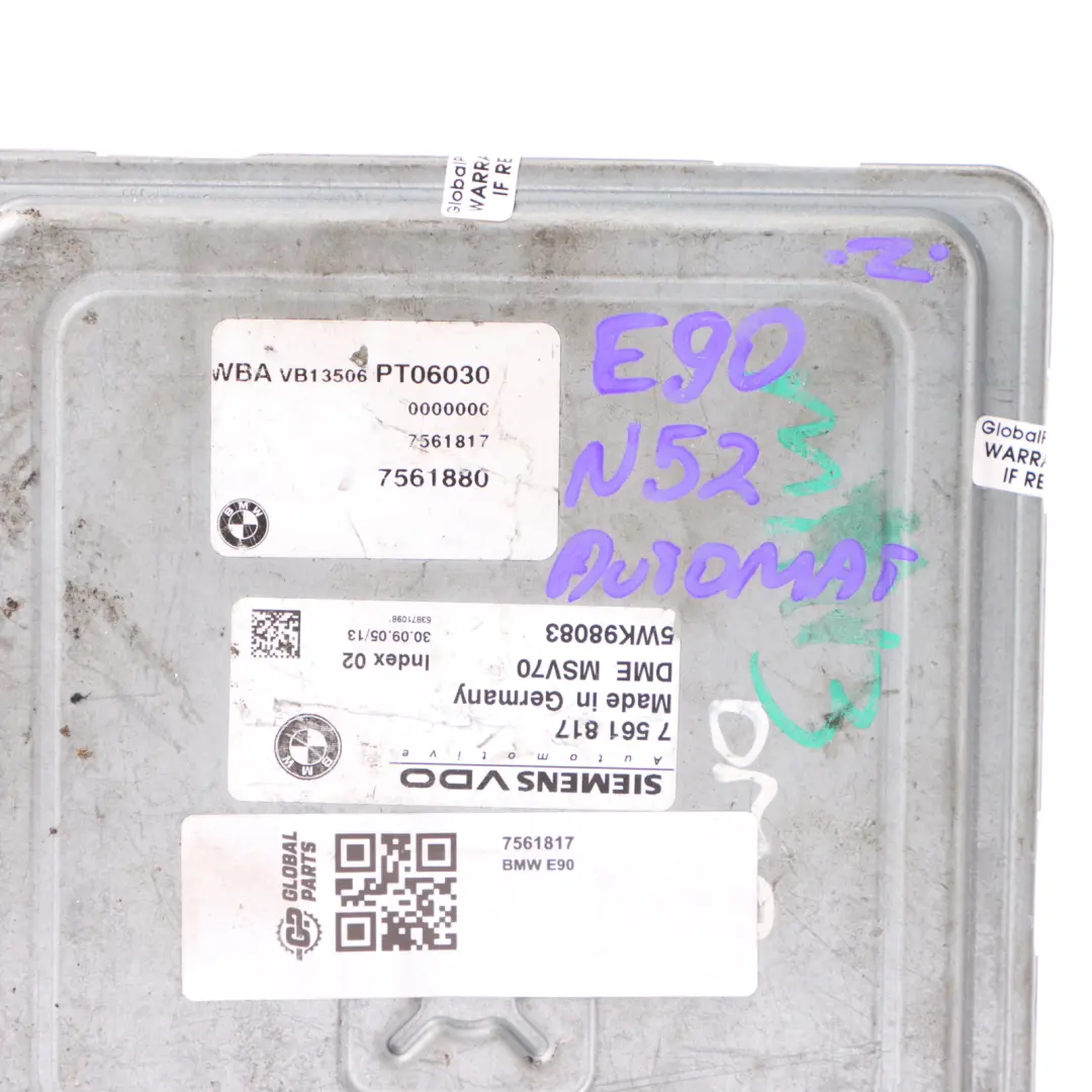 N52 Engine ECU Control Unit DME Automatic to BMW E60 E61 525i E90 E91 325i with Part number 7561817 BMW E60 E61 525i E90 E91 325i N52 Engine ECU Control Unit DME Automatic - SKU 7561817 - Part number 7561817