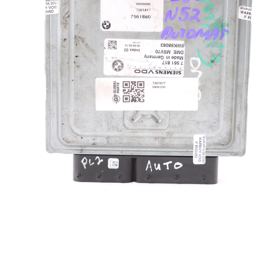 N52 Engine ECU Control Unit DME Automatic to BMW E60 E61 525i E90 E91 325i with Part number 7561817 BMW E60 E61 525i E90 E91 325i N52 Engine ECU Control Unit DME Automatic - SKU 7561817 - Part number 7561817