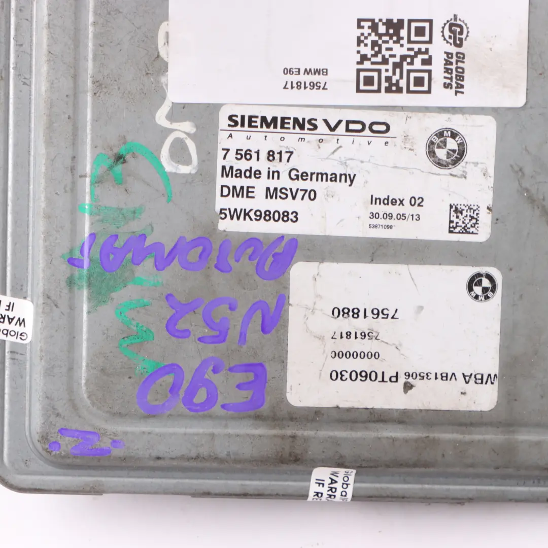 N52 Engine ECU Control Unit DME Automatic to BMW E60 E61 525i E90 E91 325i with Part number 7561817 BMW E60 E61 525i E90 E91 325i N52 Engine ECU Control Unit DME Automatic - SKU 7561817 - Part number 7561817