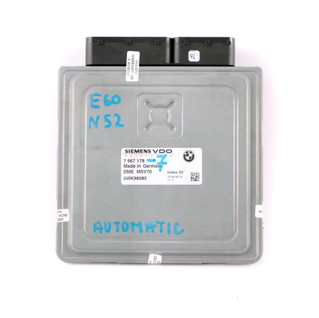 N52 ECU Engine Control Unit DME Automatic to BMW E60 E65 E90 E91 Petrol with Part number 7567178 BMW E60 E65 E90 E91 Petrol N52 ECU Engine Control Unit DME Automatic - SKU 7567178-7 - Part number 7567178