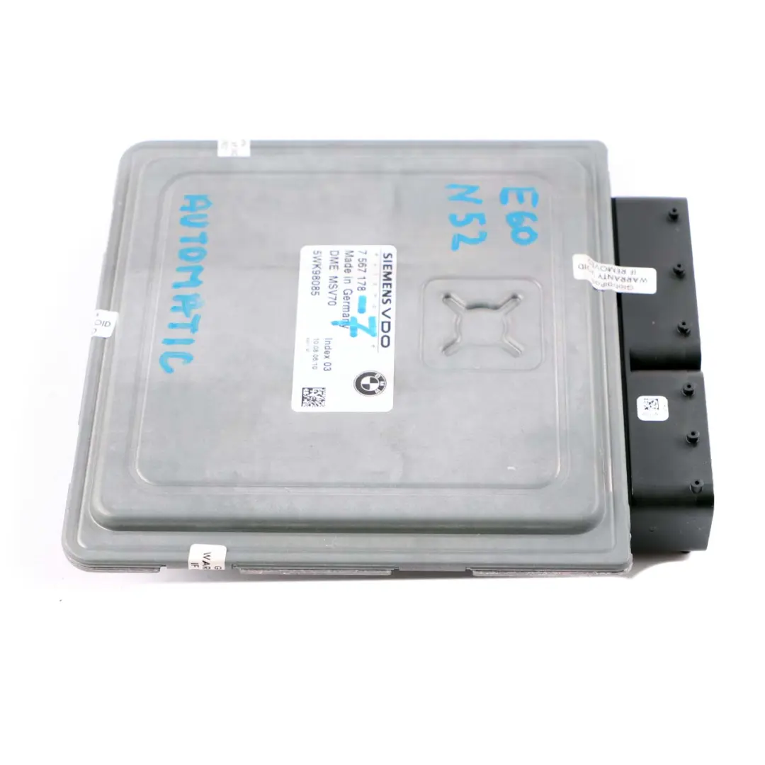 N52 ECU Engine Control Unit DME Automatic to BMW E60 E65 E90 E91 Petrol with Part number 7567178 BMW E60 E65 E90 E91 Petrol N52 ECU Engine Control Unit DME Automatic - SKU 7567178-7 - Part number 7567178