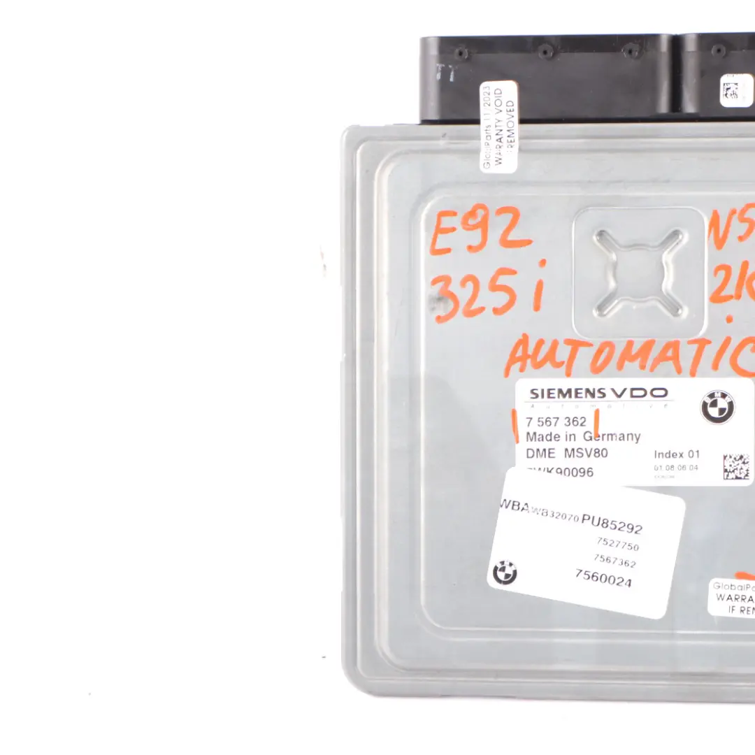 218HP N52N ECU Control Unit DME MSV80 Automatic to BMW E90 E91 E92 325i with Part number 7567362 BMW E90 E91 E92 325i 218HP N52N ECU Control Unit DME MSV80 Automatic - SKU 7567362-1 - Part number 7567362