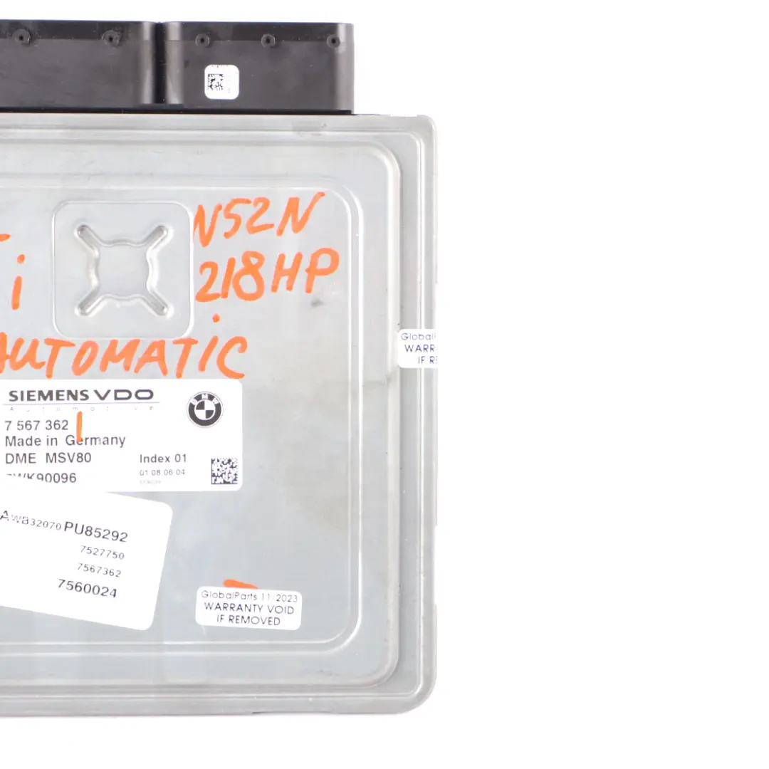 218HP N52N ECU Control Unit DME MSV80 Automatic to BMW E90 E91 E92 325i with Part number 7567362 BMW E90 E91 E92 325i 218HP N52N ECU Control Unit DME MSV80 Automatic - SKU 7567362-1 - Part number 7567362