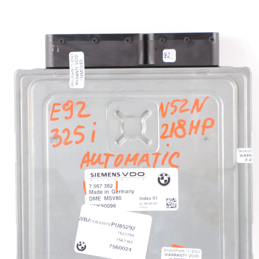 218HP N52N ECU Control Unit DME MSV80 Automatic to BMW E90 E91 E92 325i with Part number 7567362 BMW E90 E91 E92 325i 218HP N52N ECU Control Unit DME MSV80 Automatic - SKU 7567362-1 - Part number 7567362