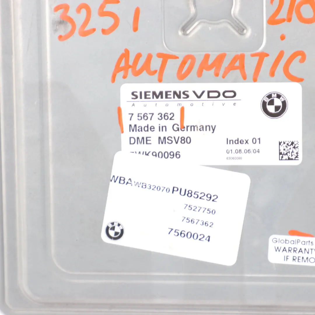 218HP N52N ECU Control Unit DME MSV80 Automatic to BMW E90 E91 E92 325i with Part number 7567362 BMW E90 E91 E92 325i 218HP N52N ECU Control Unit DME MSV80 Automatic - SKU 7567362-1 - Part number 7567362
