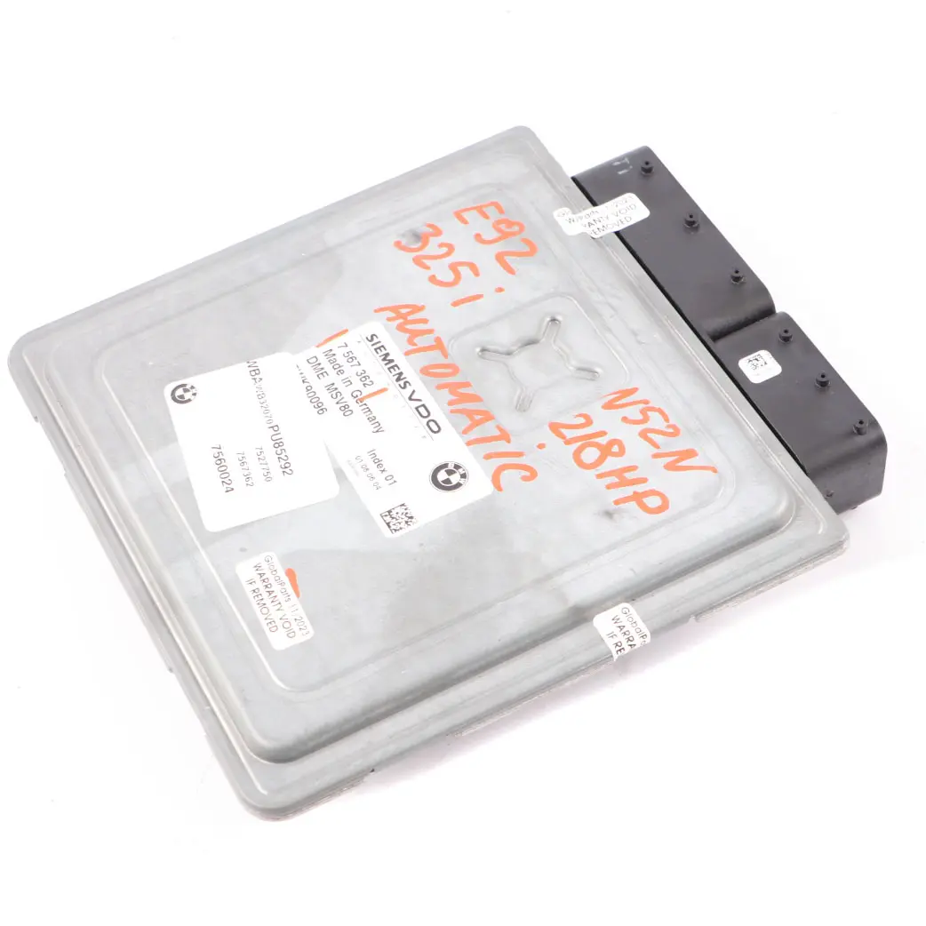 218HP N52N ECU Control Unit DME MSV80 Automatic to BMW E90 E91 E92 325i with Part number 7567362 BMW E90 E91 E92 325i 218HP N52N ECU Control Unit DME MSV80 Automatic - SKU 7567362-1 - Part number 7567362