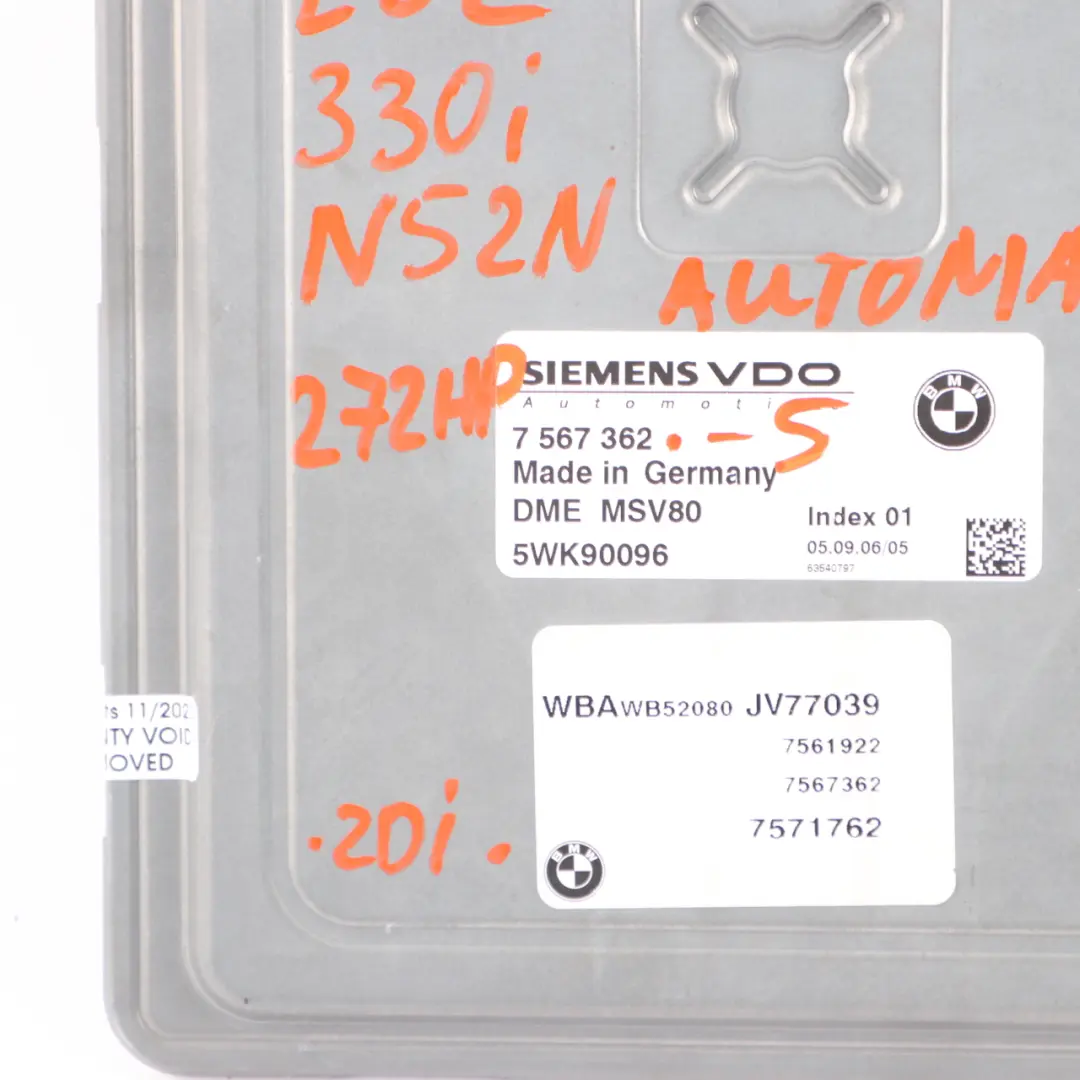 BMW E92 330i N52N 272HP ECU Control Unit Kit DME CAS3 + 2 Keys Automatic - SKU 7567362-5 - Part number 7567362