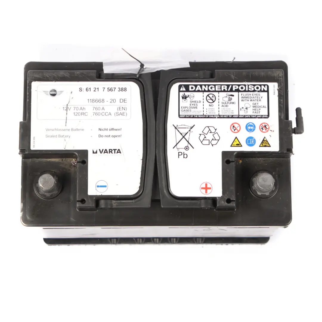 Varta 12V Accumulator Battery 70Ah 760A to Mini with Part number 7567388 Mini Varta 12V Accumulator Battery 70Ah 760A - SKU 7567388 - Part number 7567388