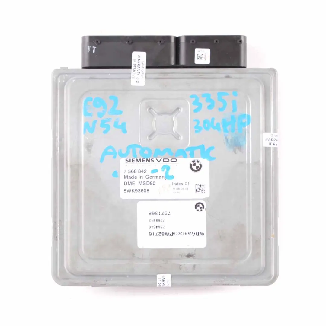 N54 ECU Kit Control Unit DME CAS3 Key Automatic to BMW E90 E92 335i Petrol with Part number 7568842 BMW E90 E92 335i Petrol N54 ECU Kit Control Unit DME CAS3 Key Automatic - SKU 7568842-2 - Part number 7568842