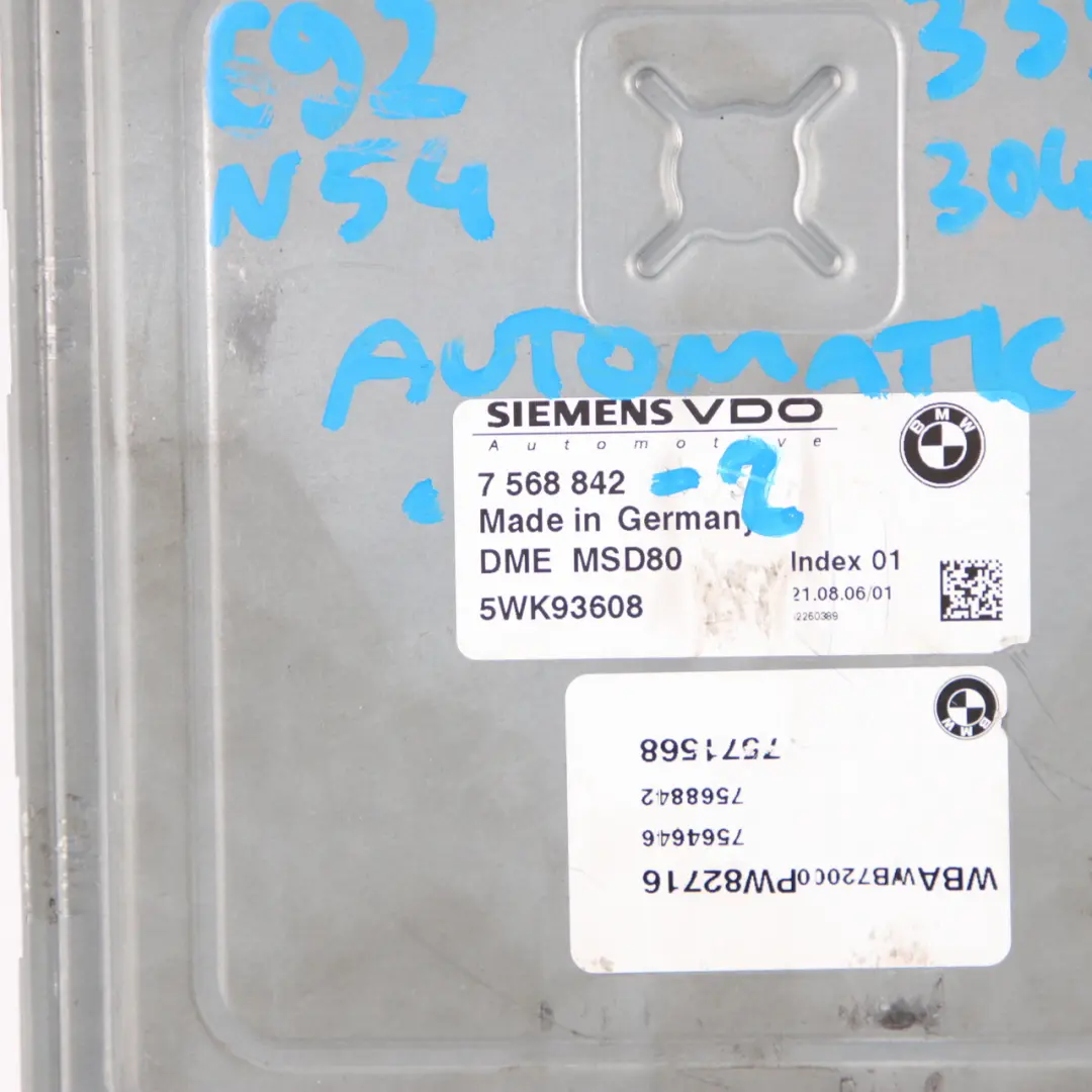 N54 ECU Kit Control Unit DME CAS3 Key Automatic to BMW E90 E92 335i Petrol with Part number 7568842 BMW E90 E92 335i Petrol N54 ECU Kit Control Unit DME CAS3 Key Automatic - SKU 7568842-2 - Part number 7568842