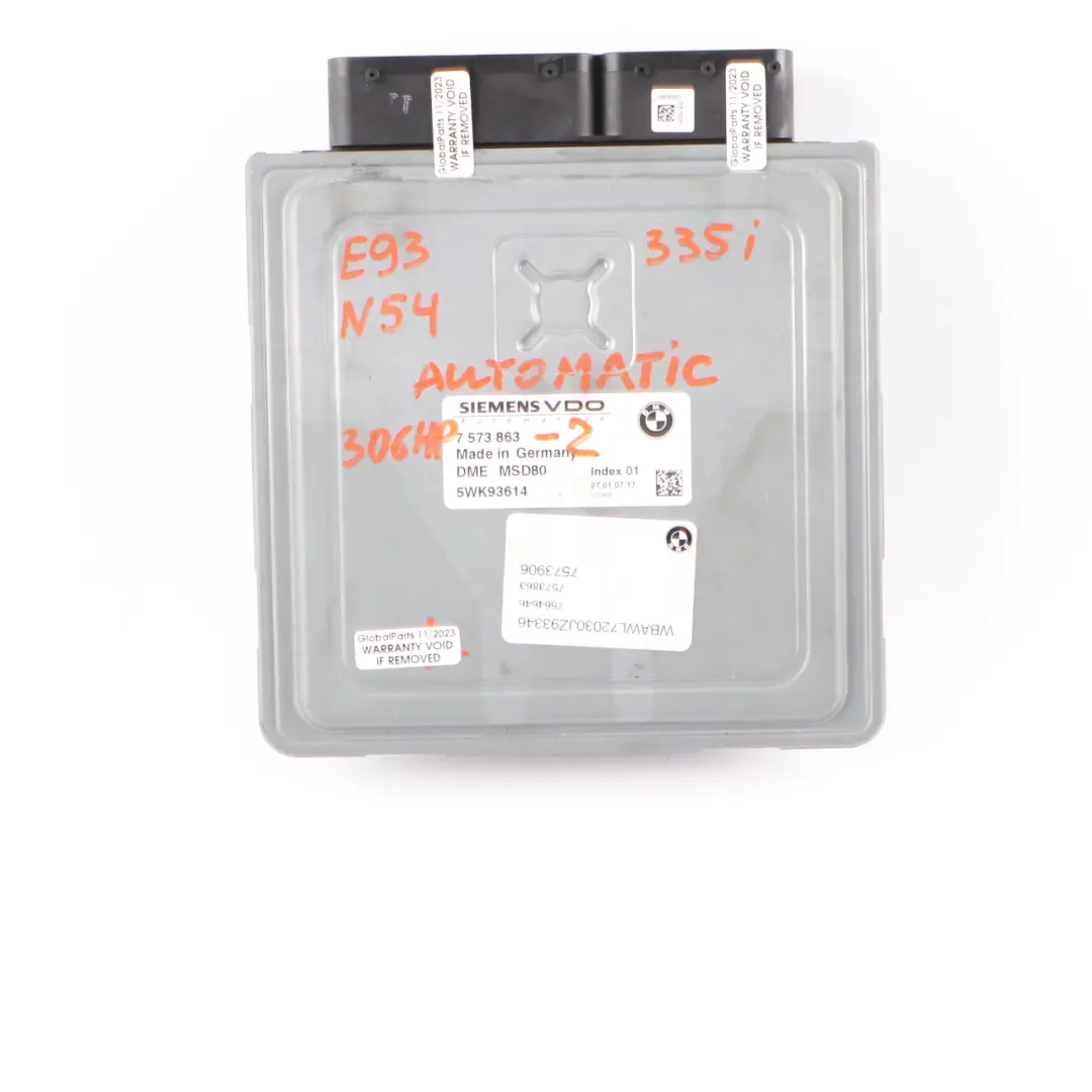 N54 ECU Kit Control Unit DME CAS3 Keys Automatic to BMW E90 E92 335i Petrol with Part number 7573863 BMW E90 E92 335i Petrol N54 ECU Kit Control Unit DME CAS3 Keys Automatic - SKU 7573863-2 - Part number 7573863