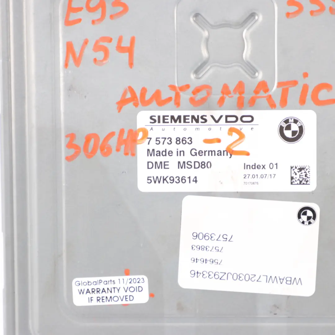 BMW E90 E92 335i Petrol N54 ECU Kit Control Unit DME CAS3 Keys Automatic - SKU 7573863-2 - Part number 7573863