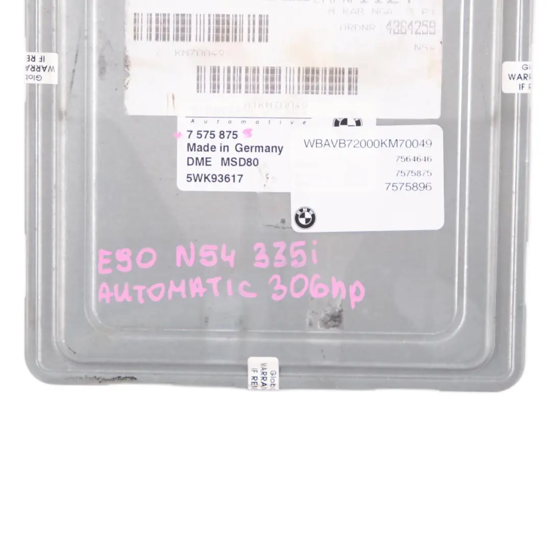306HP N54 Engine Control Unit ECU Kit DME Automatic to BMW E90 E91 335i with Part number 7575875 BMW E90 E91 335i 306HP N54 Engine Control Unit ECU Kit DME Automatic - SKU 7575875 - Part number 7575875