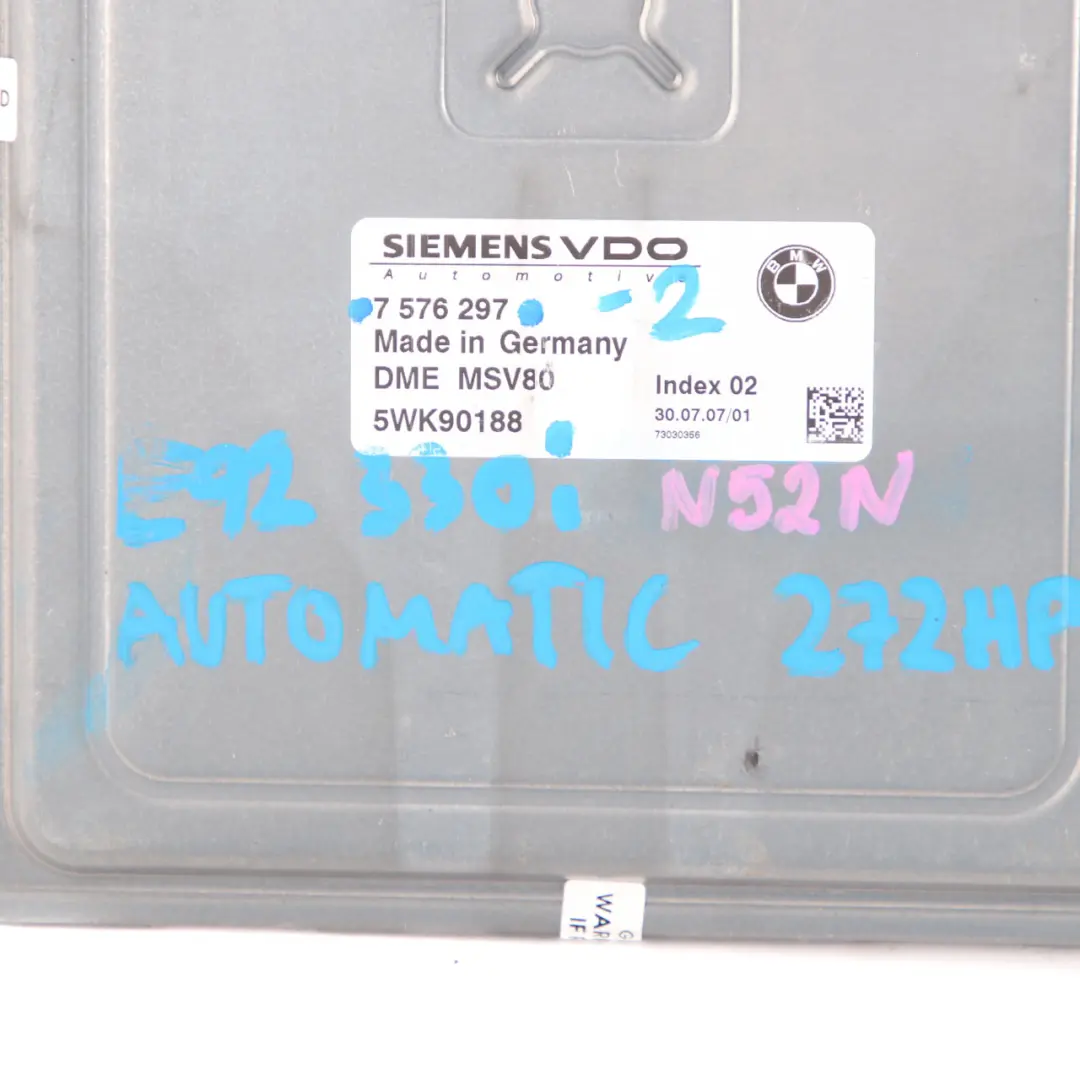 272HP N52N Engine Control Unit ECU DME Automatic to BMW E90 E92 330i with Part number 7576297 BMW E90 E92 330i 272HP N52N Engine Control Unit ECU DME Automatic - SKU 7576297-3 - Part number 7576297