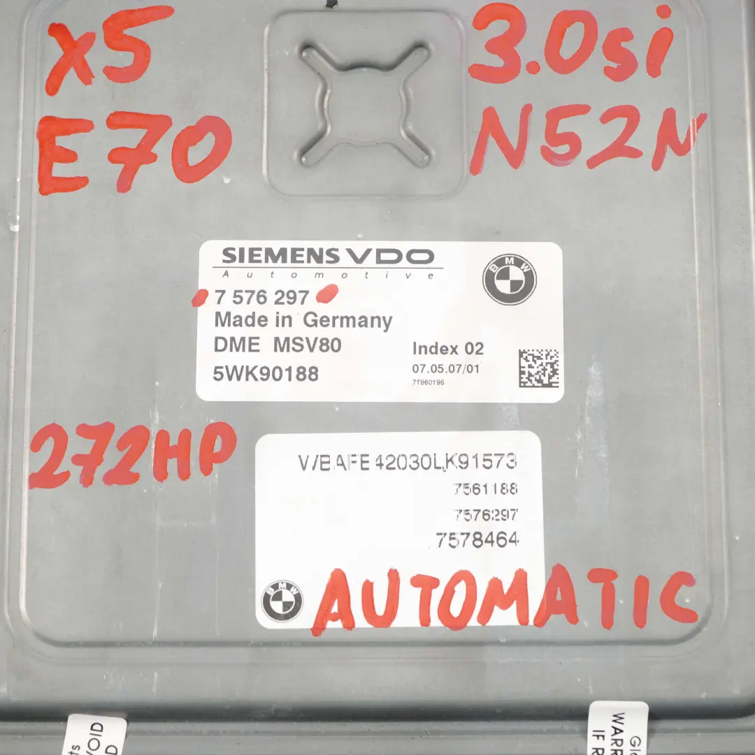 BMW X5 E70 3.0si 272HP N52N ECU Engine Control Unit Kit DME Automatic - SKU 7576297 - Part number 7576297