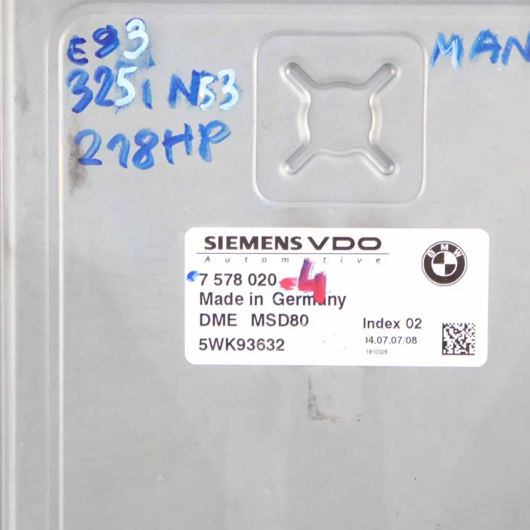 BMW E60 E90 LCI 325i 525i N53 218HP ECU Kit DME + CAS3 + 2 Keys Manual - SKU 7578020-4 - Part number 7578020