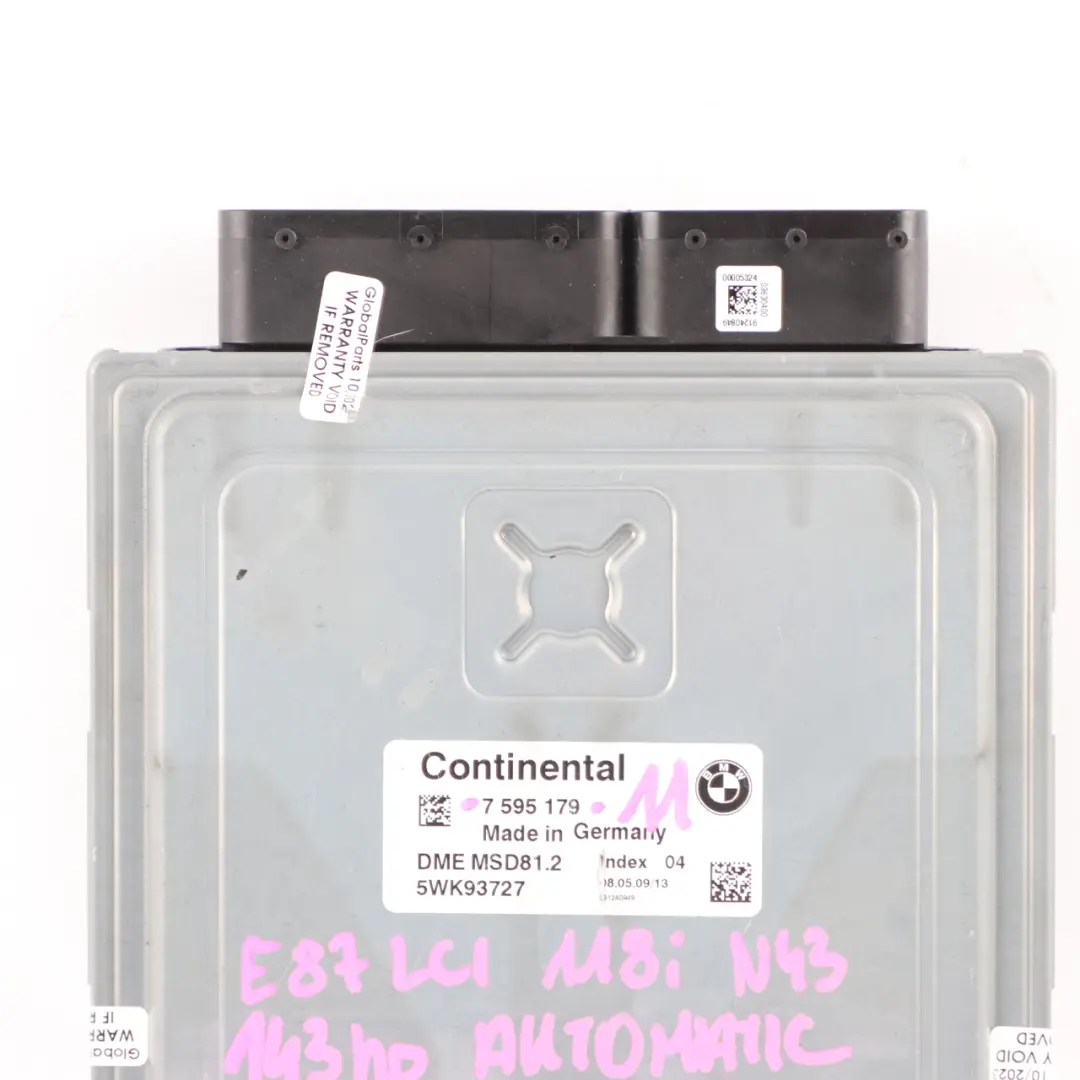 N43 143HP Engine Control Unit ECU DME Automatic to BMW E87 E90 118i 318i with Part number 7579142 BMW E87 E90 118i 318i N43 143HP Engine Control Unit ECU DME Automatic - SKU 7579142-11 - Part number 7579142