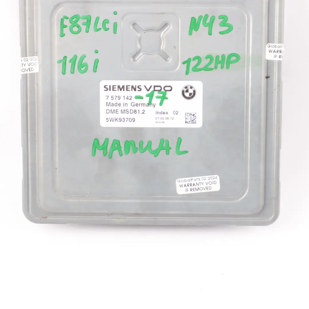 N43 122HP Engine Control Unit ECU DME Manual BMW E87 LCI 116i E90 316i - SKU 7579142-17 - Part number 7579142